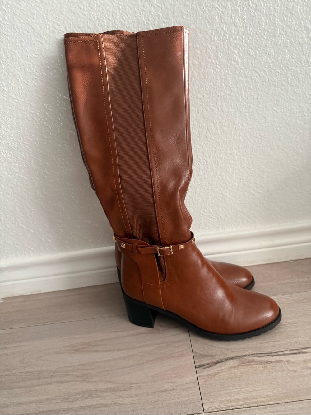 Women's Tall Leather Mid-Heel Riding Boots in Cognac